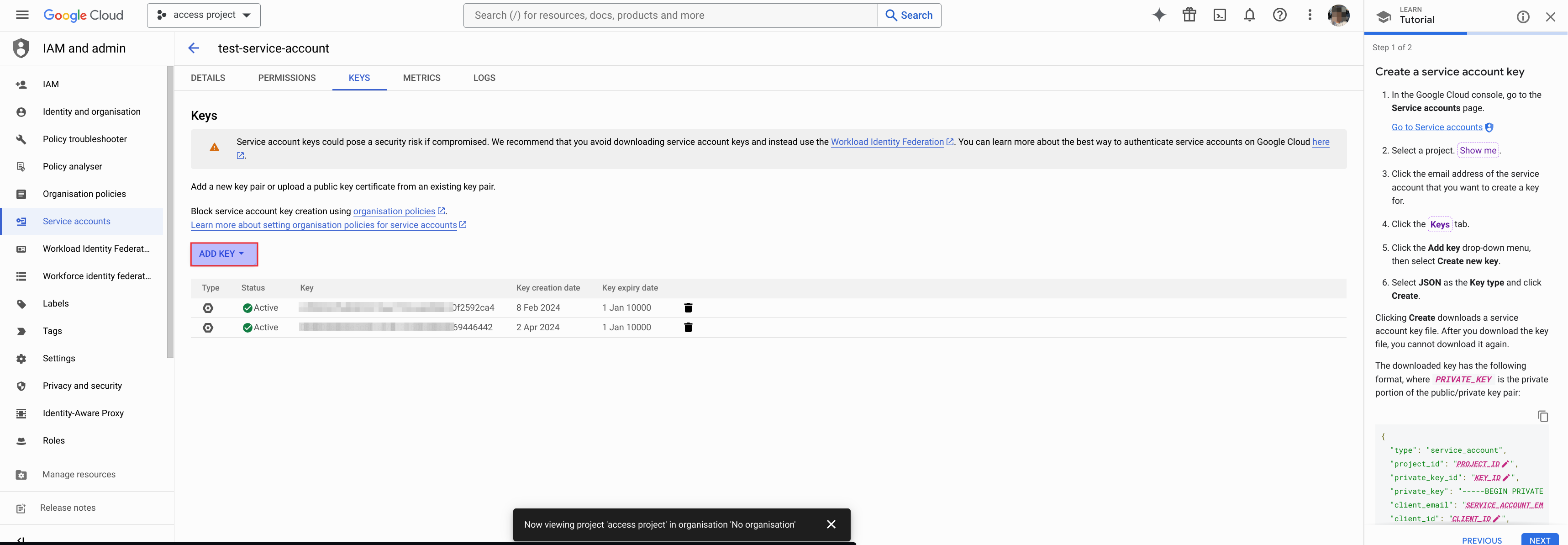 img BigQuery key creation configuration