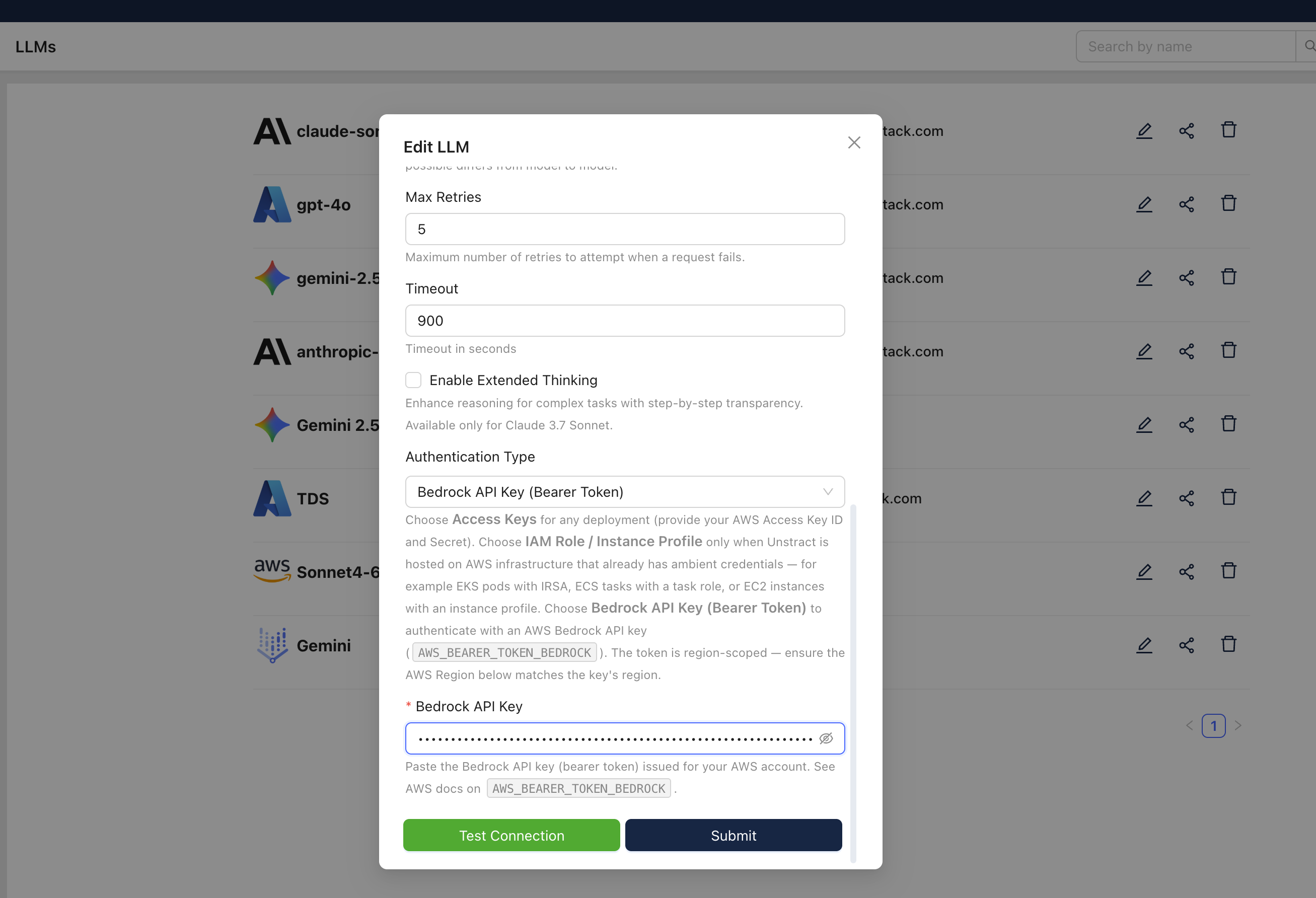 Bedrock LLM adapter configured with Bearer Token authentication