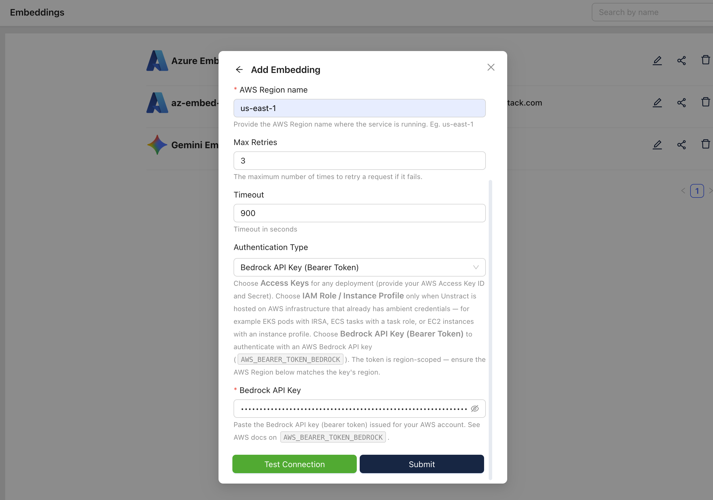 Bedrock Embedding adapter configured with Bearer Token authentication