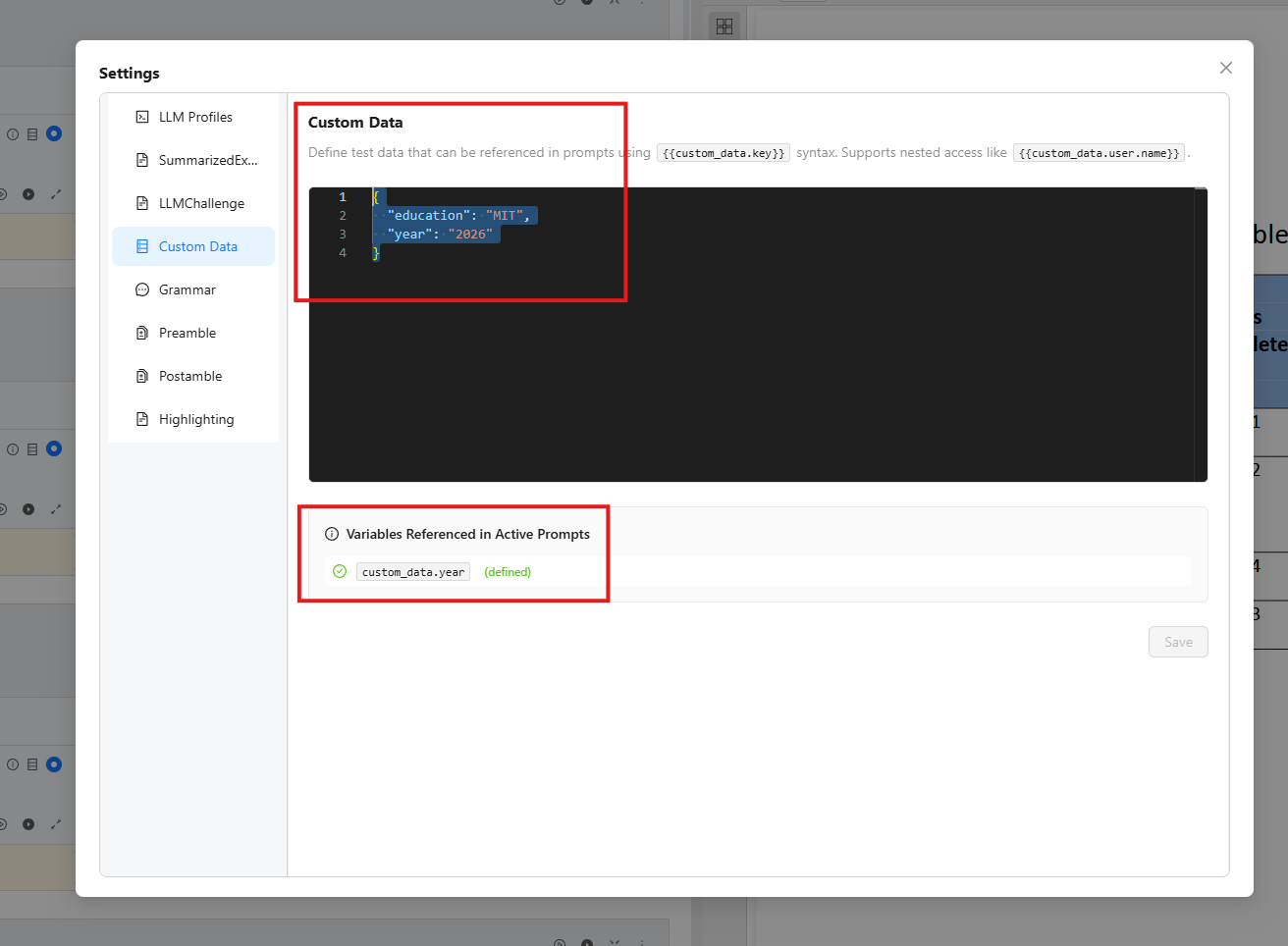 Custom Data settings page showing JSON editor and variables preview