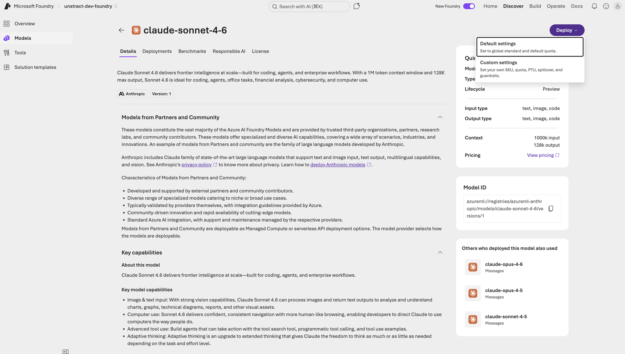Azure AI Foundry Deploy Dropdown