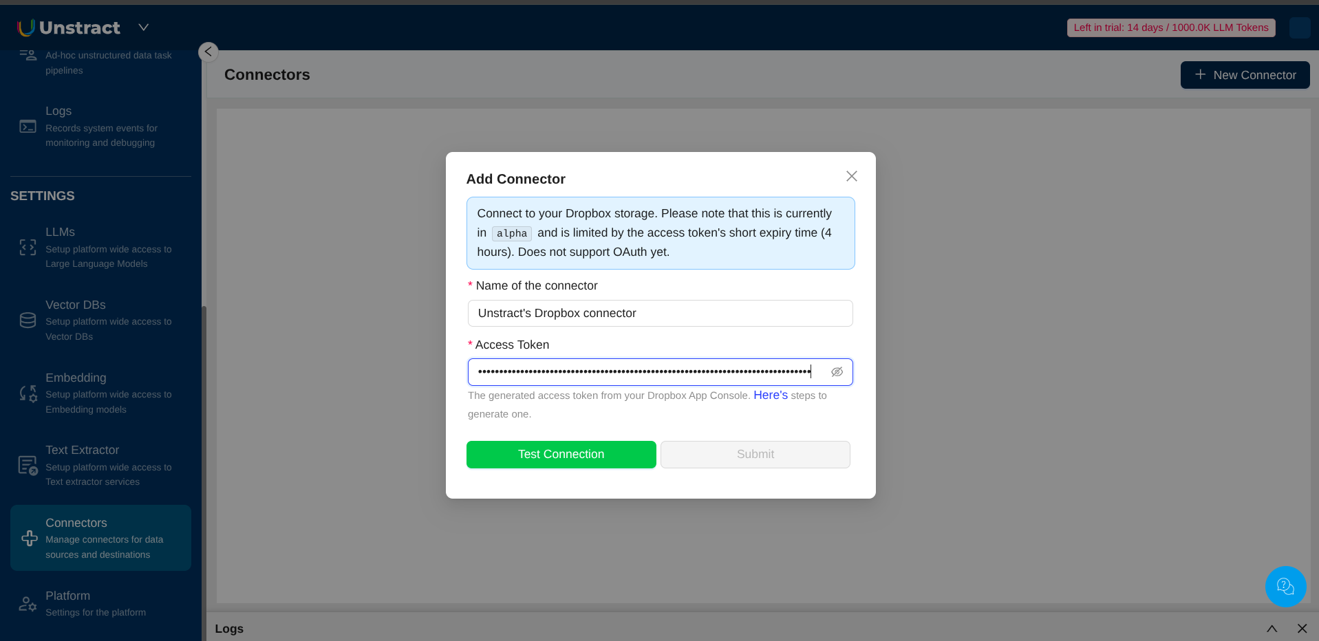 Dropbox Connector Configuration Form