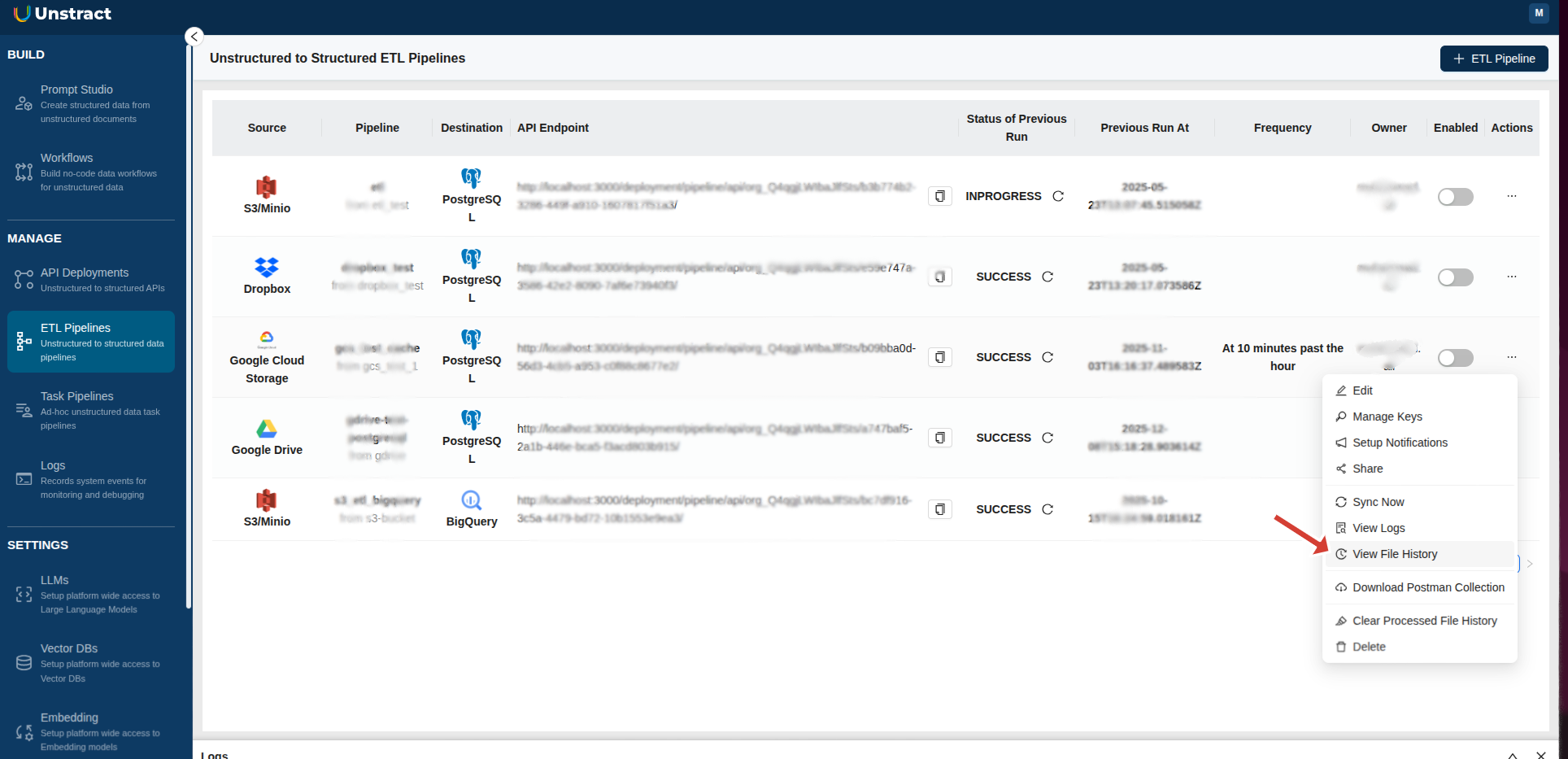 Accessing File History from Actions Menu