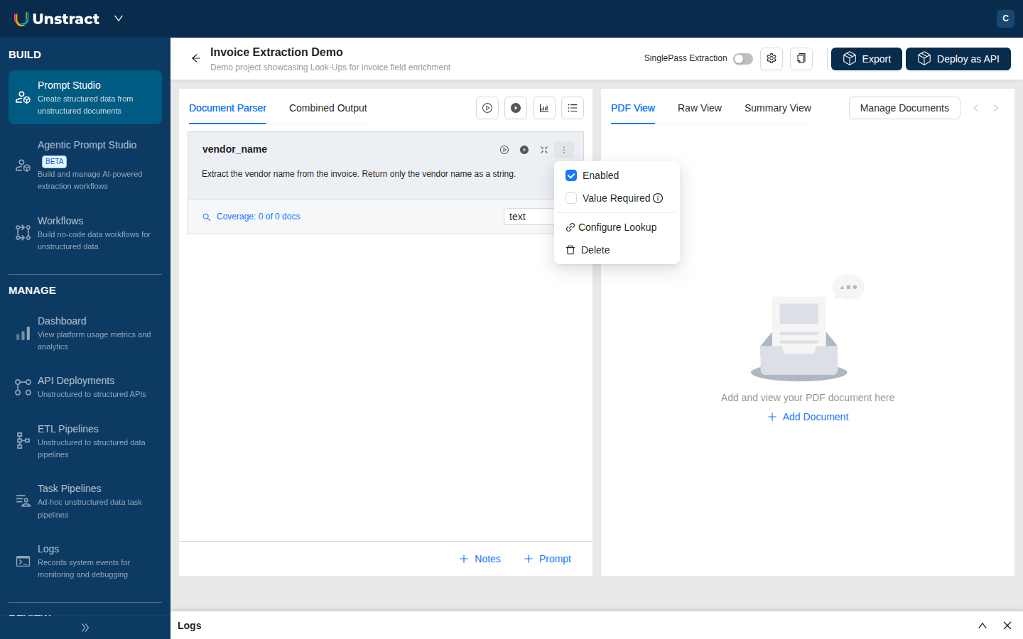 Configure Look-Up entry in the prompt card kebab menu
