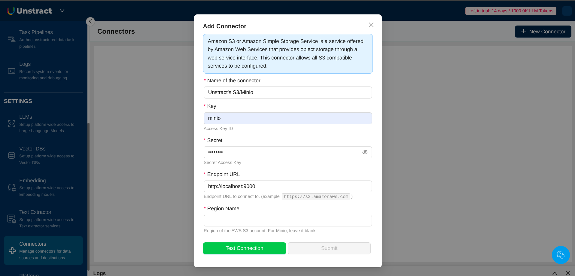 Filled Minio Configuration Form
