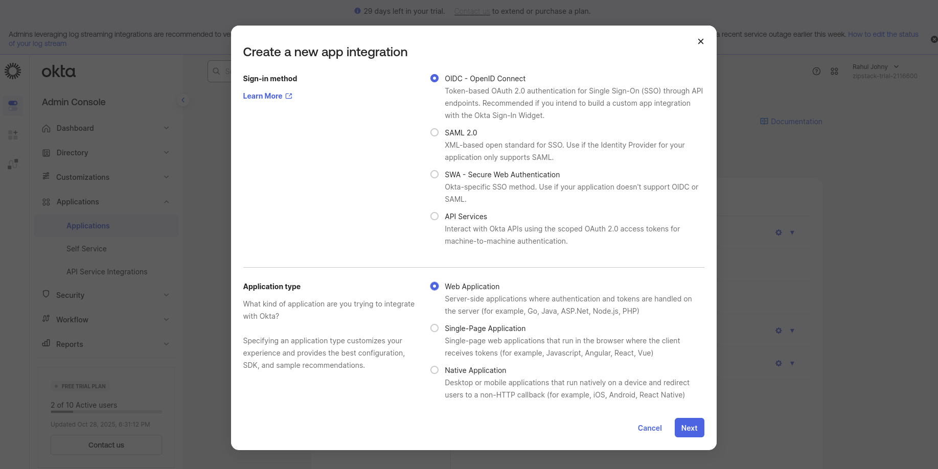OIDC — Create a new app integration
