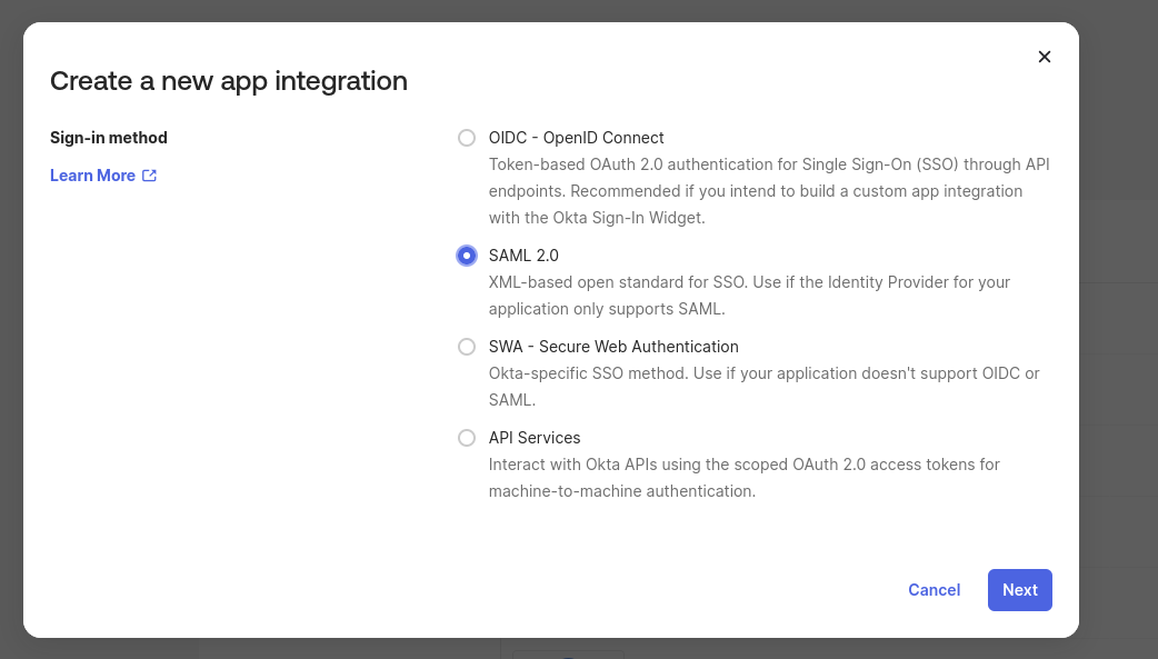 SAML — Create a new app integration