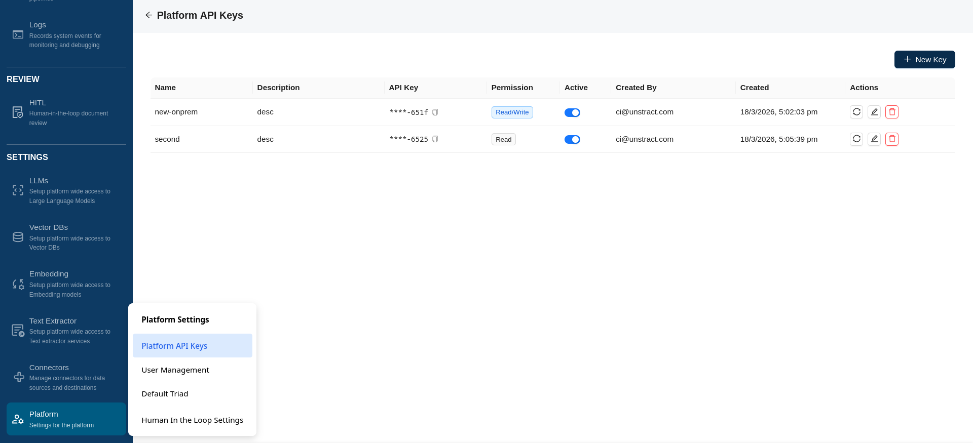 Platform API Keys management UI
