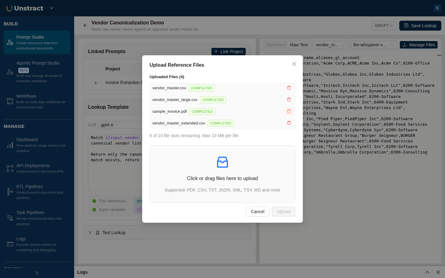 Reference files upload dialog