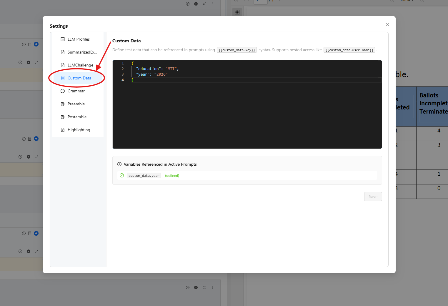 Settings modal with Custom Data menu item highlighted