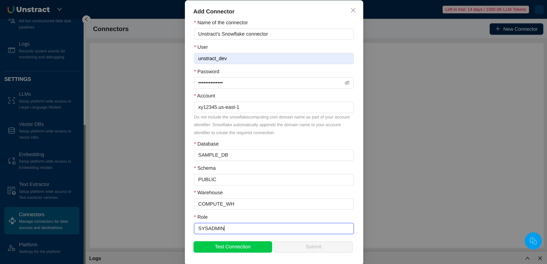 Snowflake Connector Filled Form