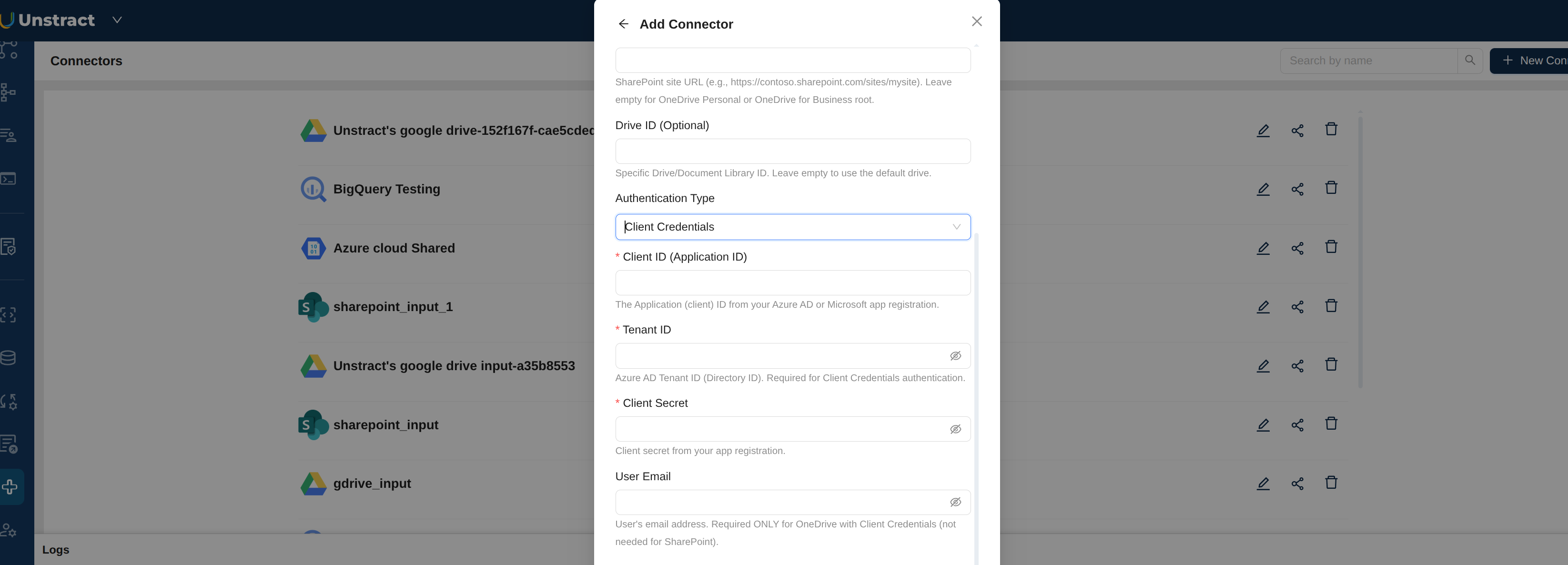 SharePoint Client Credentials connector form