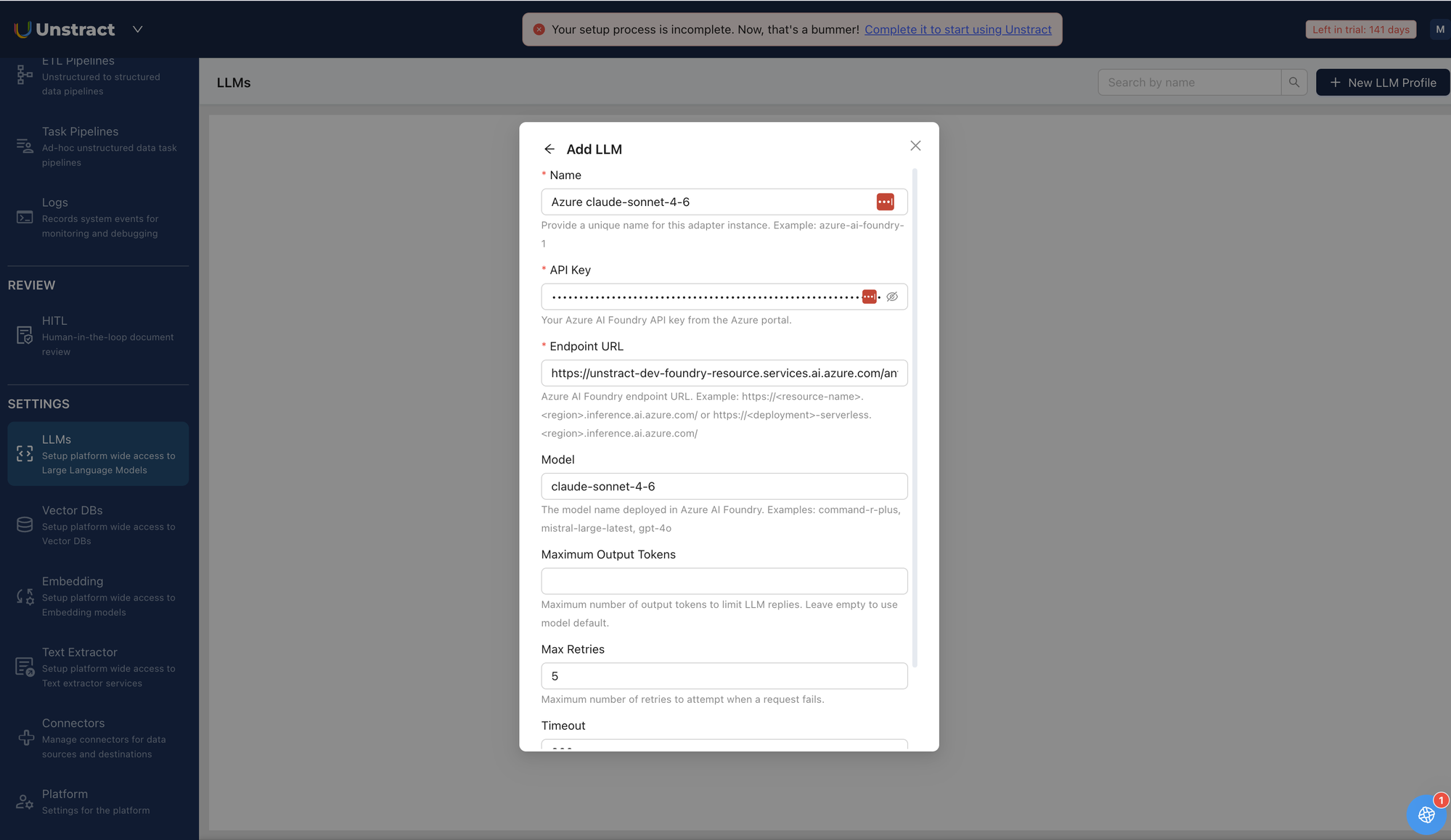 Azure AI Foundry LLM Setup in Unstract