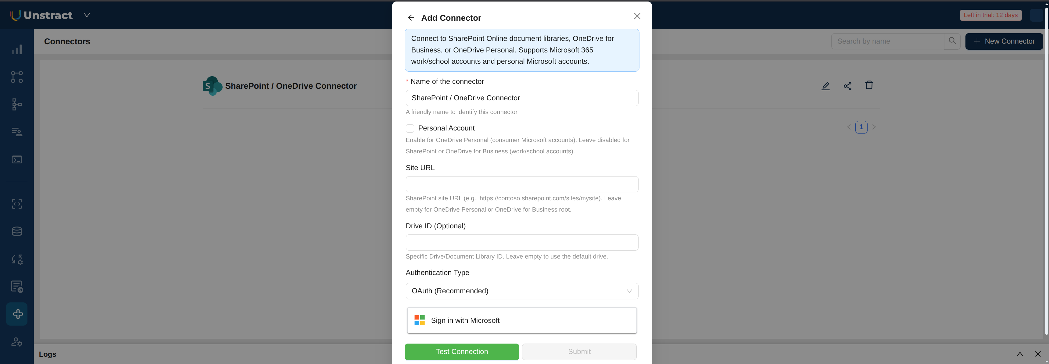 SharePoint OAuth connector form